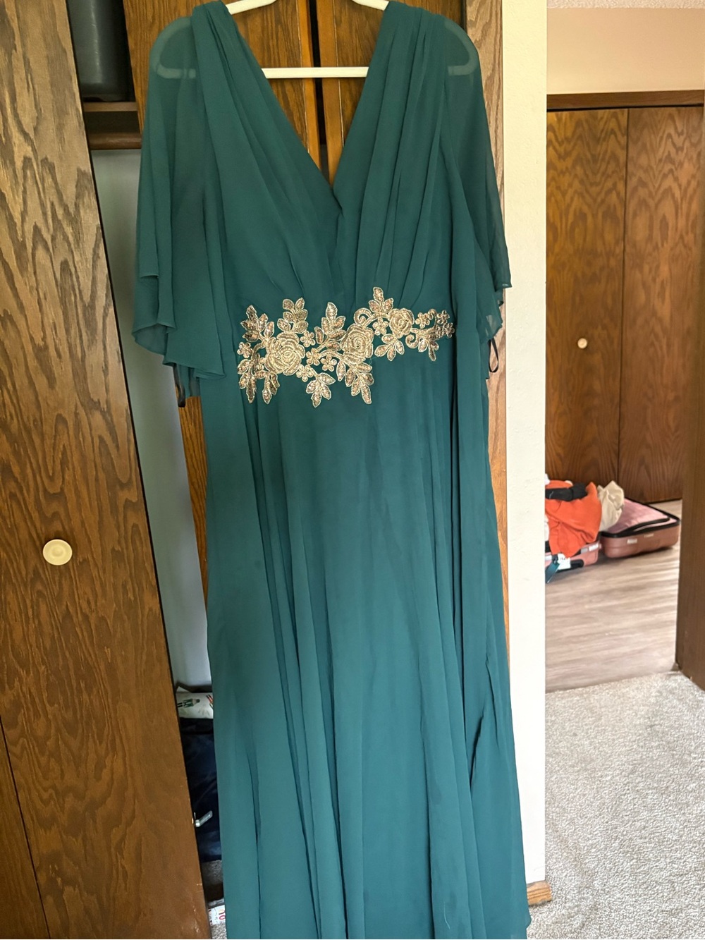 SHEIN Teal Maxi Dress with Gold Embroidered Waist